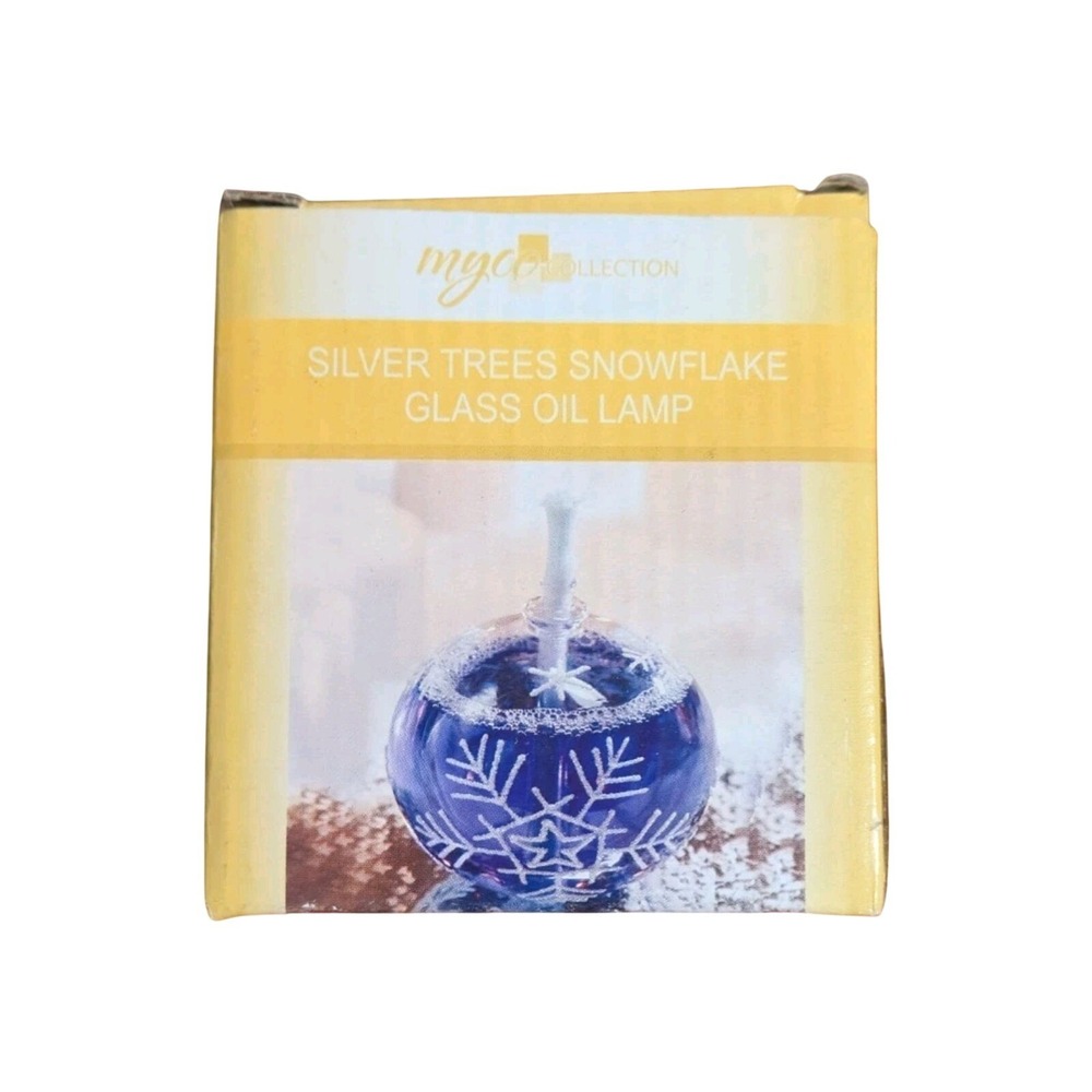 Vintage Myco Glass Oil Lamp Silver Trees Snowflakes Christmas Winter Decor NOS